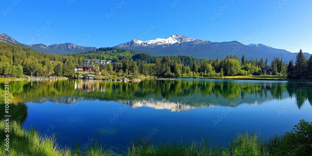 A beautiful lake with a mountain in the background. The water is calm and clear. The reflection of the mountain can be seen in the water. The scene is peaceful and serene A beautiful lake with a mountain in the background. The water is calm and clear. The reflection of the mountain can be seen in the water. The scene is peaceful and serene