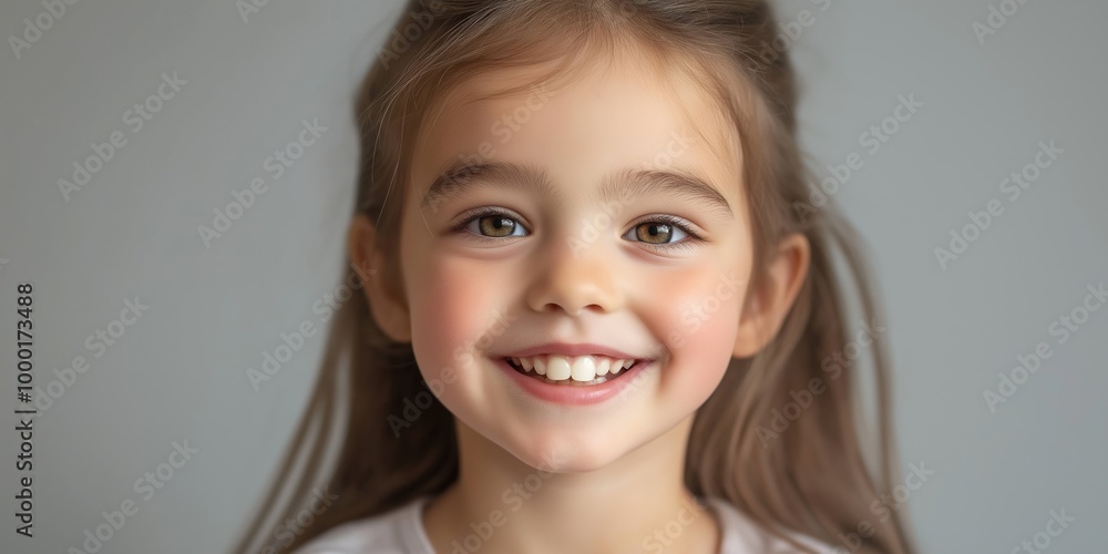 A young girl with blonde hair and blue eyes is smiling. She is wearing a white shirt and has a pinkish tint to her skin A young girl with blonde hair and blue eyes is smiling. She is wearing a white shirt and has a pinkish tint to her skin