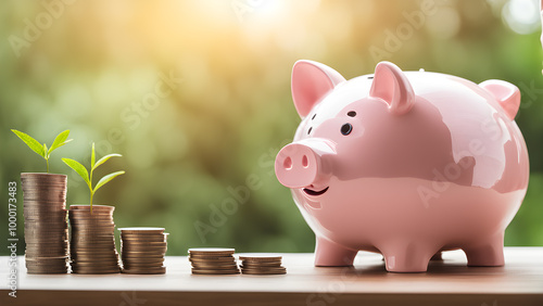 Concepts of saving money and financial planning. piggy bank on wood table, income, return, retirement, compensation fund, investment, dividend tax. Generative Ai.