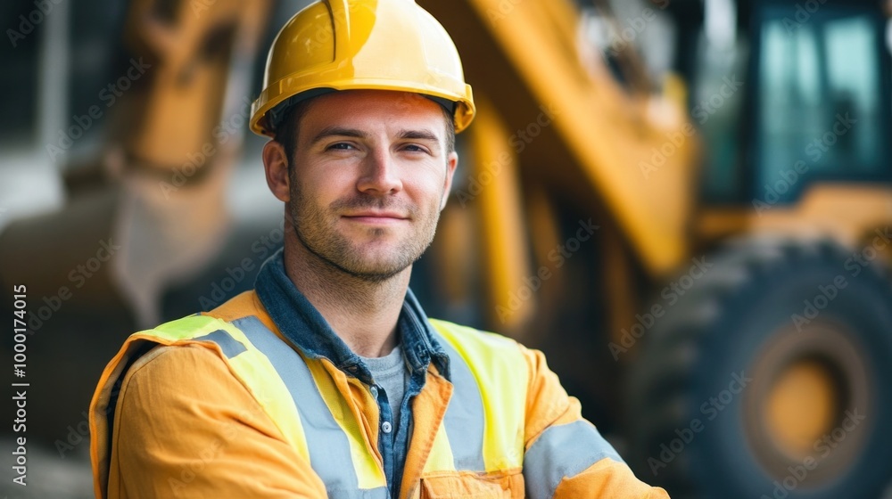 A construction worker stands confidently in front of heavy machinery, wearing a bright safety helmet and reflective gear, ready to tackle the day's challenges on the job site A construction worker stands confidently in front of heavy machinery, wearing a bright safety helmet and reflective gear, ready to tackle the day's challenges on the job site