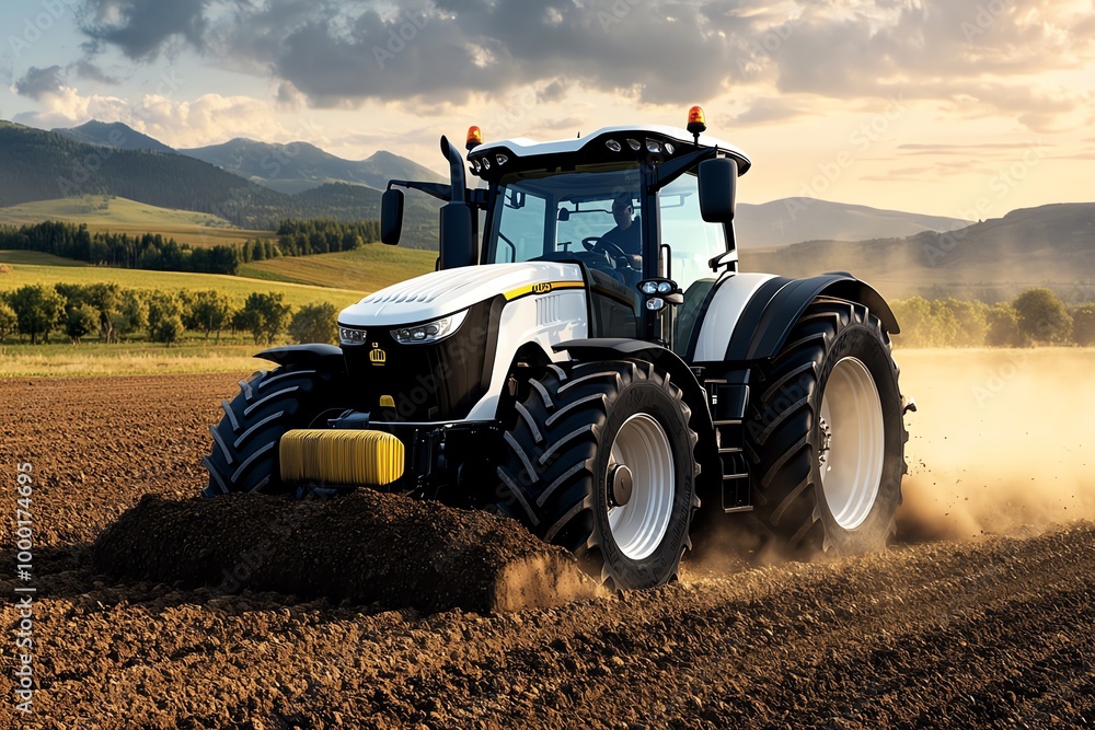 Obraz premium Hyper-realistic tractor plowing a field, with dust kicking up and the sunlight casting deep shadows, showing every detail of the machinery and the freshly turned earth