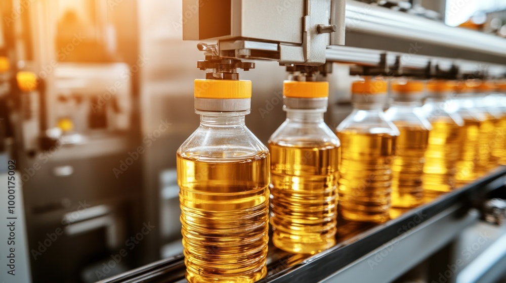 Bottles filled with yellow liquid are moving along a conveyor belt in a factory. Workers oversee the efficient oil bottling process, ensuring quality and timely production during daylight hours Bottles filled with yellow liquid are moving along a conveyor belt in a factory. Workers oversee the efficient oil bottling process, ensuring quality and timely production during daylight hours