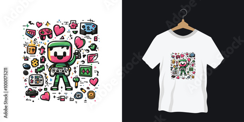 A retro-style pixel art character holding a controller t-shirt design