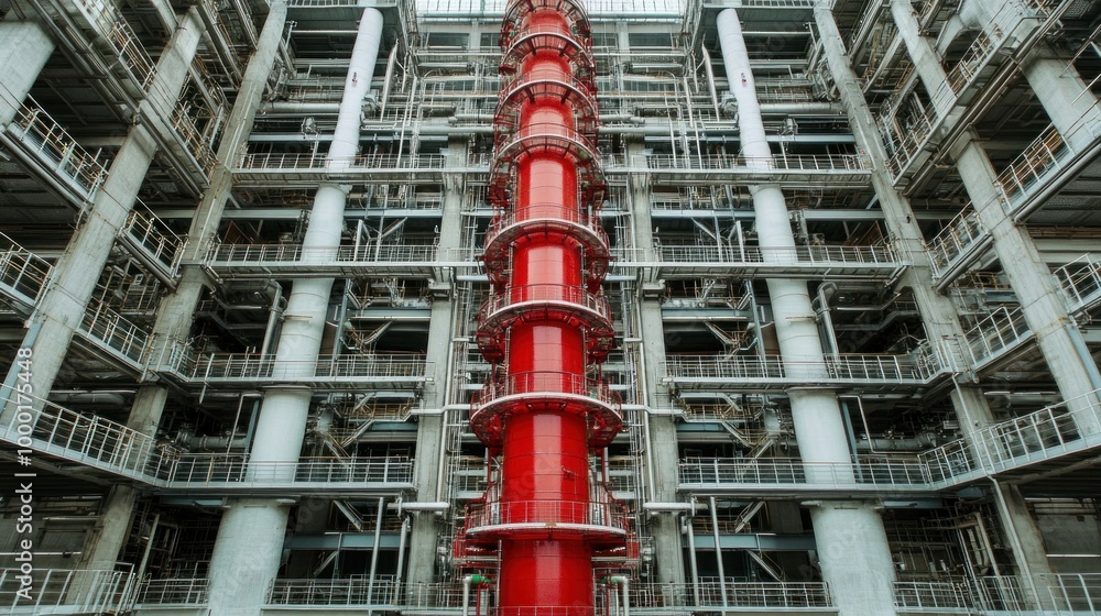 The towering red chimney dominates the view of an expansive manufacturing facility, showcasing an intricate network of pipes and scaffolding in bright daylight The towering red chimney dominates the view of an expansive manufacturing facility, showcasing an intricate network of pipes and scaffolding in bright daylight