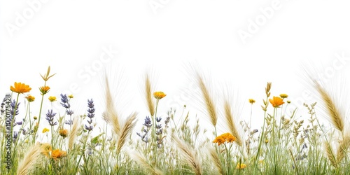 Fototapeta Naklejka Na Ścianę i Meble -  A field of flowers with a white background. The flowers are yellow and orange