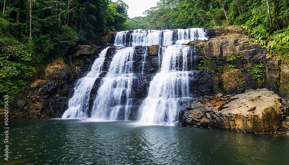 Naklejka premium A dramatic waterfall cascading over rocky ledges into a deep jungle, the wilderness dense and vibrant, untouched by civilization Waterfall plunge wilderness, Lush jungle paradise