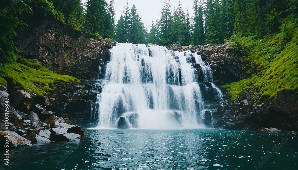 Fototapeta premium Closeup of a waterfall as it cascades down rugged rocks into a serene forest pool