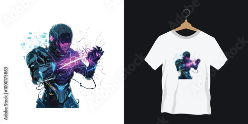 A t-shirt design with a futuristic cyber warrior holding a glowing energy weapon