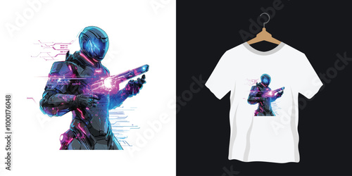 A t-shirt design with a futuristic cyber warrior holding a glowing energy weapon
