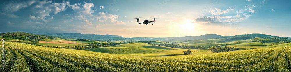 sweeping view of drone flying over picturesque landscape, showcasing lush green fields and rolling hills under bright sky. scene evokes sense of adventure and exploration sweeping view of drone flying over picturesque landscape, showcasing lush green fields and rolling hills under bright sky. scene evokes sense of adventure and exploration