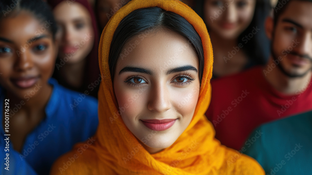 vibrant group of people from various cultural backgrounds showcases unity and diversity. woman in foreground, wearing orange hijab, radiates confidence and warmth vibrant group of people from various cultural backgrounds showcases unity and diversity. woman in foreground, wearing orange hijab, radiates confidence and warmth
