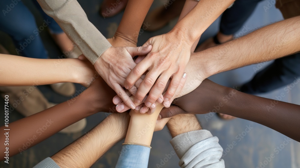 Hands of various skin tones come together in a circular formation, illustrating unity and collaboration among individuals engaged in a team-building activity Hands of various skin tones come together in a circular formation, illustrating unity and collaboration among individuals engaged in a team-building activity