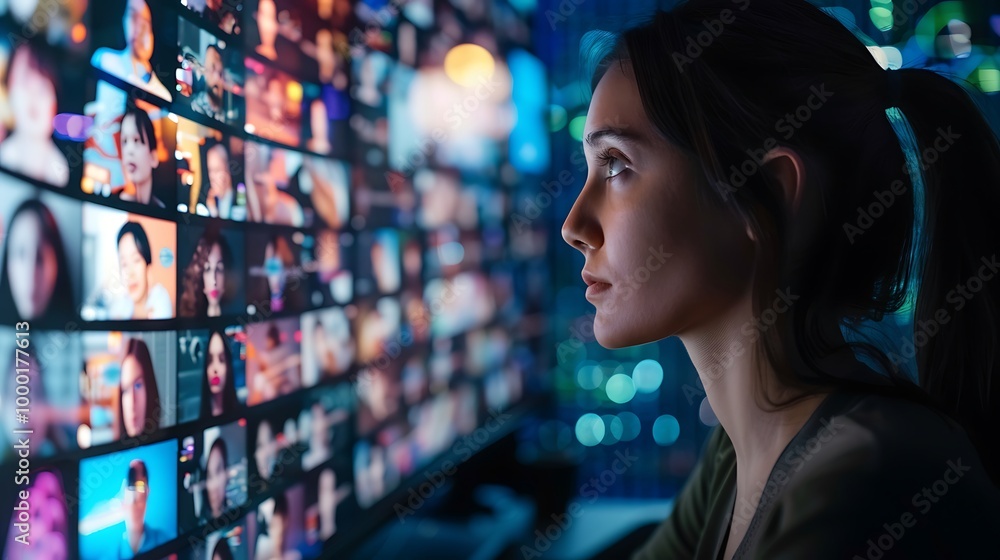 Side view of young woman in eyeglasses looking at photos on wall in cinema Side view of young woman in eyeglasses looking at photos on wall in cinema