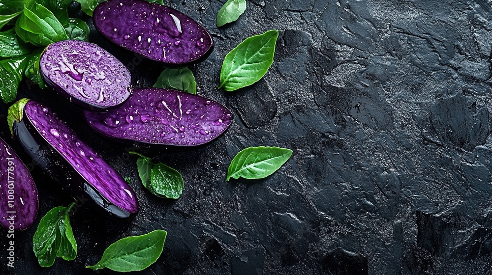 Top View of Sliced Purple Eggplant with Fresh Leaves Top View of Sliced Purple Eggplant with Fresh Leaves