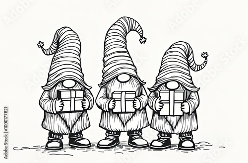 Christmas coloring book for children. . Christmas gnomes on white background. Scandinavian Nordic Gnome. Traditional holiday. Winter illustration