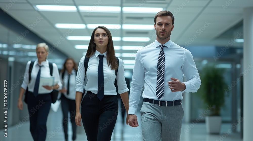 A group of professionals in formal attire confidently traverse a bright, modern office corridor, engaged in discussions as they approach an afternoon meeting A group of professionals in formal attire confidently traverse a bright, modern office corridor, engaged in discussions as they approach an afternoon meeting