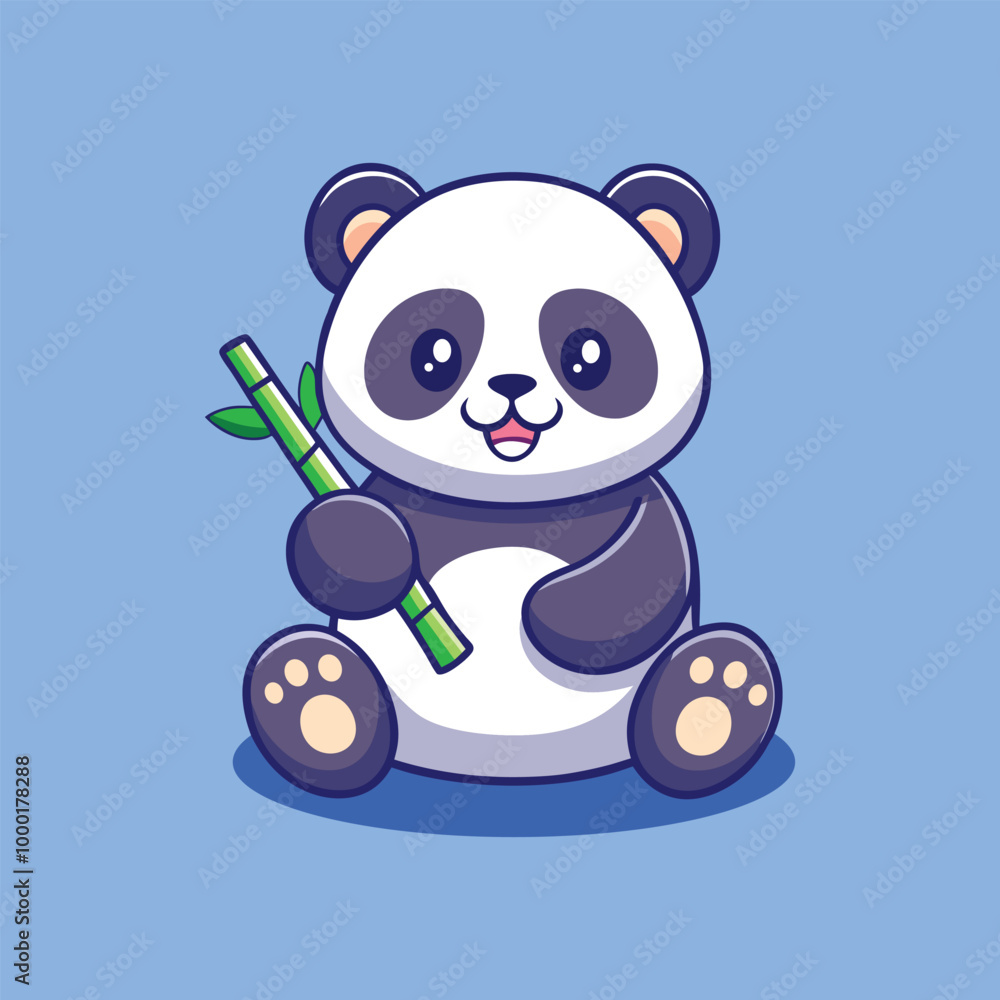 Fototapeta premium Cute panda holding bamboo vector icon illustration, isolated flat cartoon style.
