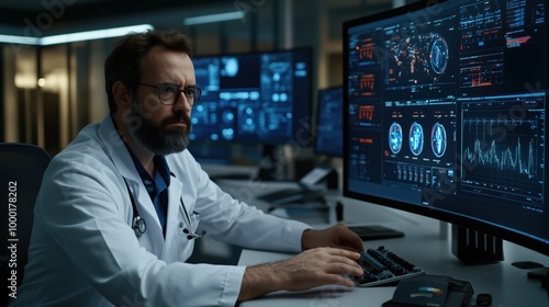 A dedicated healthcare professional intensely examines patient data on multiple screens in a high-tech medical office, focusing on vital health metrics and imaging results at dusk