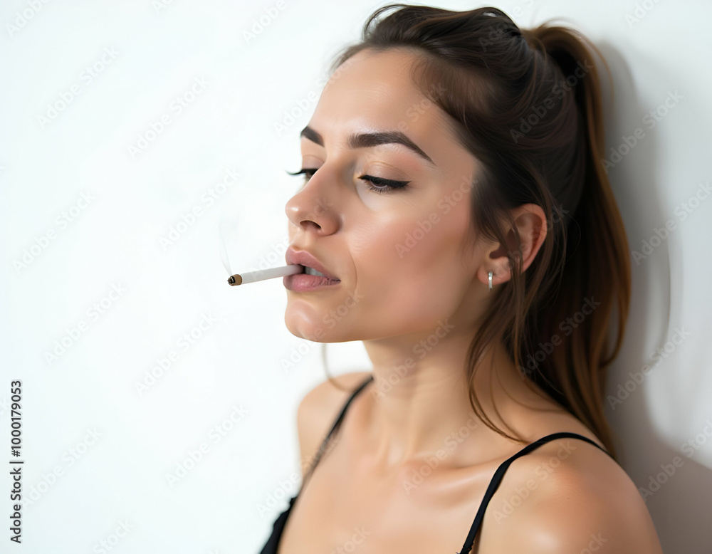A middle-aged Caucasian woman with long dark hair smoking a cigarette, white background, sad A middle-aged Caucasian woman with long dark hair smoking a cigarette, white background, sad