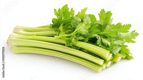 Fresh celery stalks on a white background