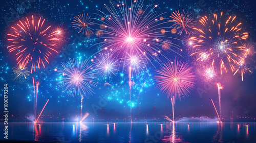 Fireworks light up the sky with dazzling display blue background use for birthday, new year, party calibration, Chinese new year.