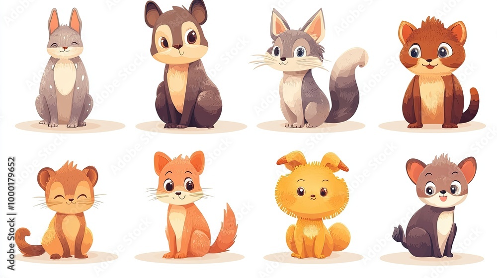 Fototapeta premium Colorful set of little cartoon animals characters. Baby animals icons set isolated on white background. Cartoon character design. Color illustration of wild animal world. Vector illustration.