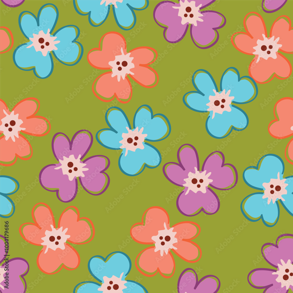 Seamless floral pattern, elegant ditsy print, abstract ornament with green blooming field in retro motif. Pretty botanical design: small hand drawn wild flowers, grass, leaves. Vector illustration. Seamless floral pattern, elegant ditsy print, abstract ornament with green blooming field in retro motif. Pretty botanical design: small hand drawn wild flowers, grass, leaves. Vector illustration.