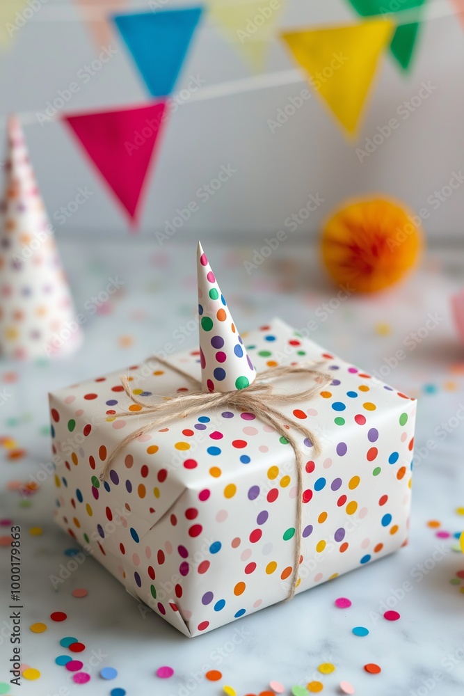A colorful box with a polka dot design and a paper hat on top. The box is wrapped in colorful paper and has a string tied around it. The image conveys a festive and joyful mood