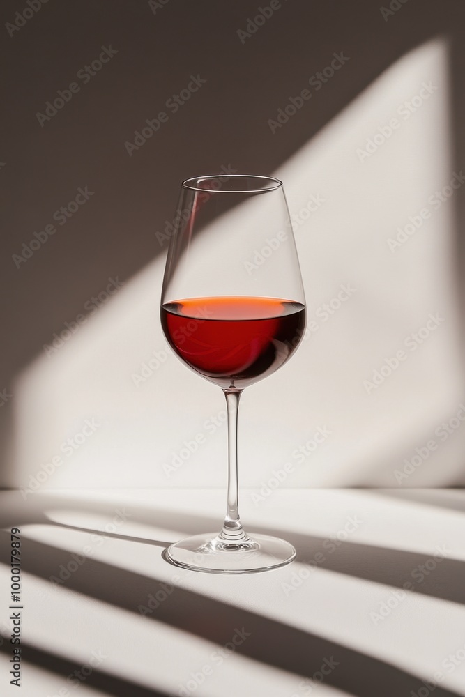 Glass of red vine on neutral background with direct sunlight and long shadows