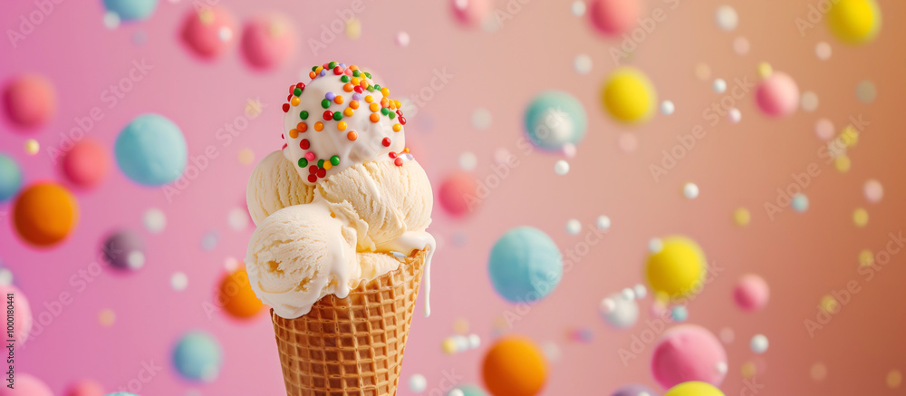 fantasy picture, ice cream with colorful candies and sprinkles in a waffle cone on a background in pink colors fantasy picture, ice cream with colorful candies and sprinkles in a waffle cone on a background in pink colors