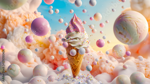 surreal picture, ice cream with colored candies in a waffle cone against the background of clouds in pink colors