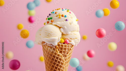 fantastic picture depicting ice cream with colorful candies on the background in a waffle cone