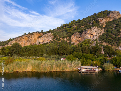 Aerial View of Kaunos King Tombs Carved into Rock in Dalyan Mugla, Turkey photo