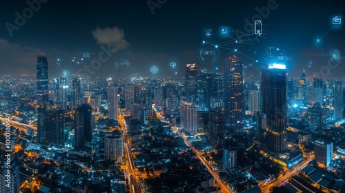 Panorama aerial view in the cityscape skyline with smart services and icons, internet of things, networks and augmented reality concept , night scene