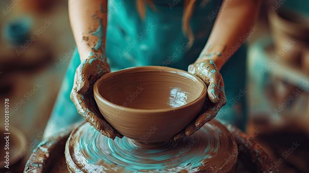 Creating a ceramic bowl by yourself in a pottery class. Wheel throwing. Creating a ceramic bowl by yourself in a pottery class. Wheel throwing.