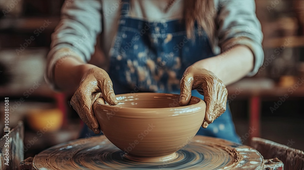 Creating a ceramic bowl by yourself in a pottery class. Wheel throwing. Creating a ceramic bowl by yourself in a pottery class. Wheel throwing.