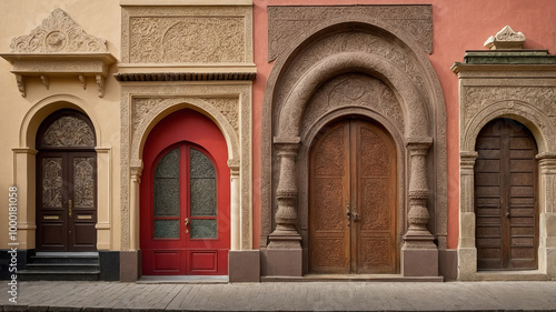 Ornate wooden and colored doors with intricate carvings and rich historic architectural features.