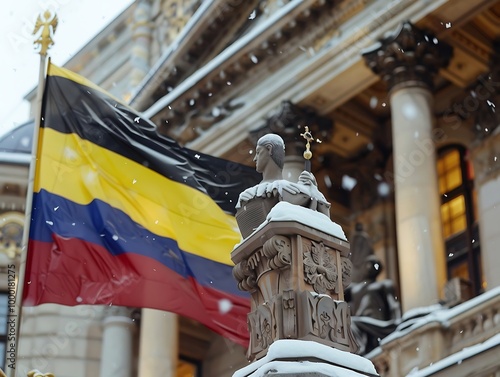 National flag of Ukraine on the facade of building in Lviv, Ukraine photo