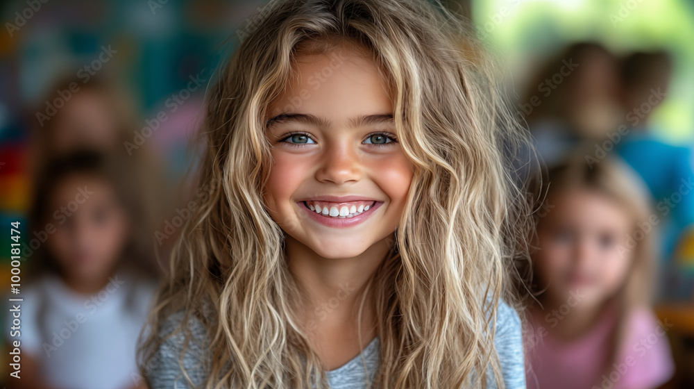 Smiling blonde girl with blue eyes, close-up portrait in colorful setting Smiling blonde girl with blue eyes, close-up portrait in colorful setting