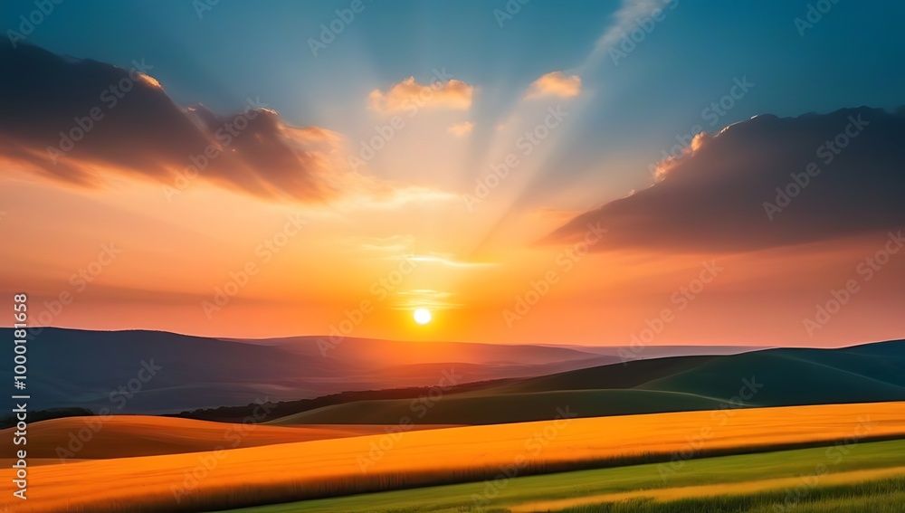 Fototapeta premium A beautiful and dramatic sunset landscape featuring a vibrant sky over rolling hills, with evening rays of sunlight illuminating the field. This scene captures the beauty of nature and the modern ener