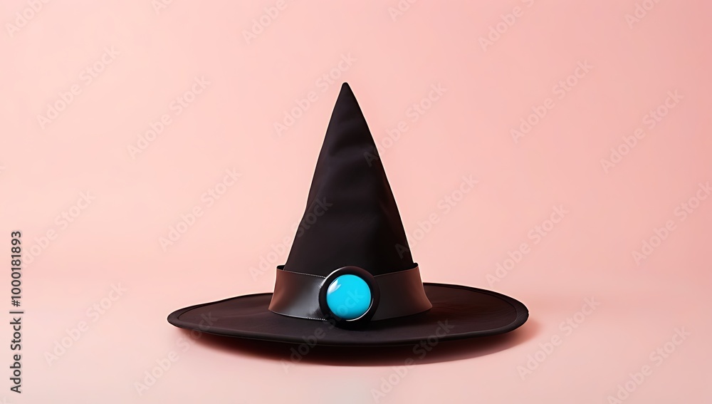 Fototapeta premium A black Halloween witch hat with two blue eyes floating in space against a pastel pink background, embodying a whimsical Halloween celebration concept.