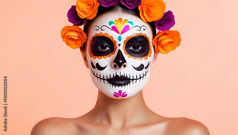 A vibrant Halloween image featuring a young, beautiful woman with bright pink skin adorned with Mexican-style sugar skull face paint. A vibrant Halloween image featuring a young, beautiful woman with bright pink skin adorned with Mexican-style sugar skull face paint.