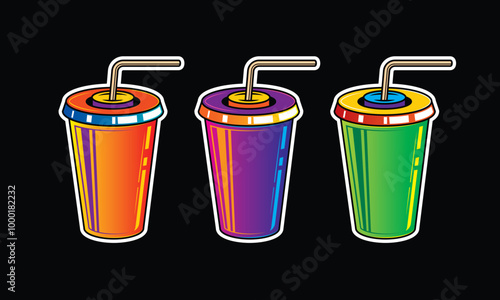 Fast food plastic cup with straw. Hot or cold drink. Original vector illustration in vintage style.