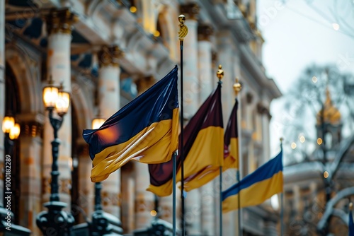 National flag of Ukraine on the facade of building in Lviv, Ukraine photo