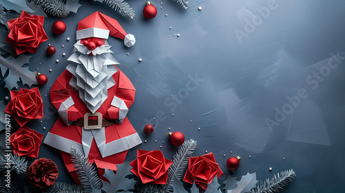 Christmas concept featuring paper origami of Santa Claus, also known as Saint Nick or Kris Kringle, isolated on a white background. The design includes ample copy space for custom messages, emphasizin