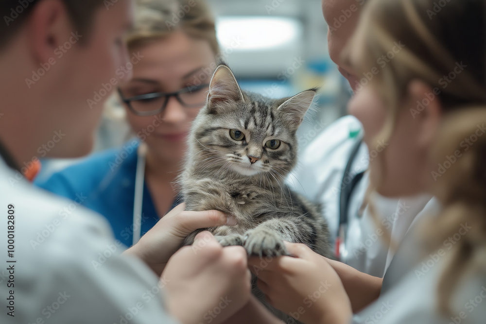 A cat is being held by a group of people, including a doctor. The cat appears to be in a hospital setting A cat is being held by a group of people, including a doctor. The cat appears to be in a hospital setting