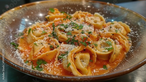 Fresh Tortellini With Homemade Tomato Sauce Chopped Herbs And Parmesan Cheese