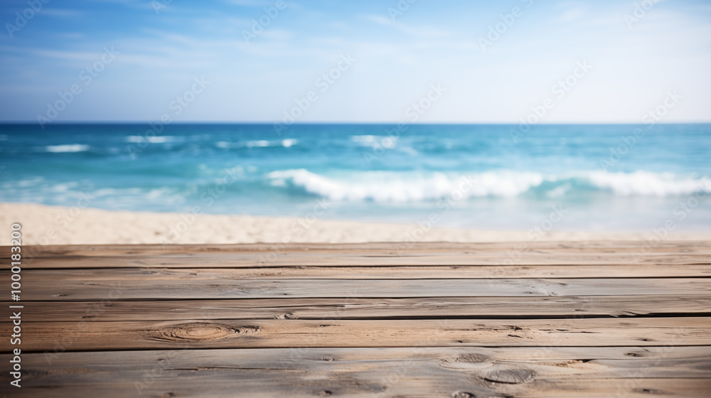 Wooden Table Overlooking Beach and Ocean Waves Wooden Table Overlooking Beach and Ocean Waves