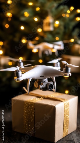 A drone delivering a gift near a festive Christmas tree adorned with glowing lights, capturing the holiday spirit beautifully.