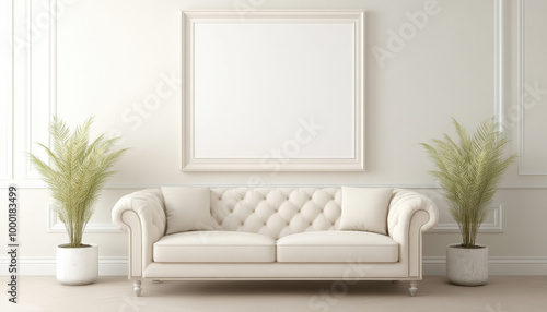 A white couch sits in front of a blank wall